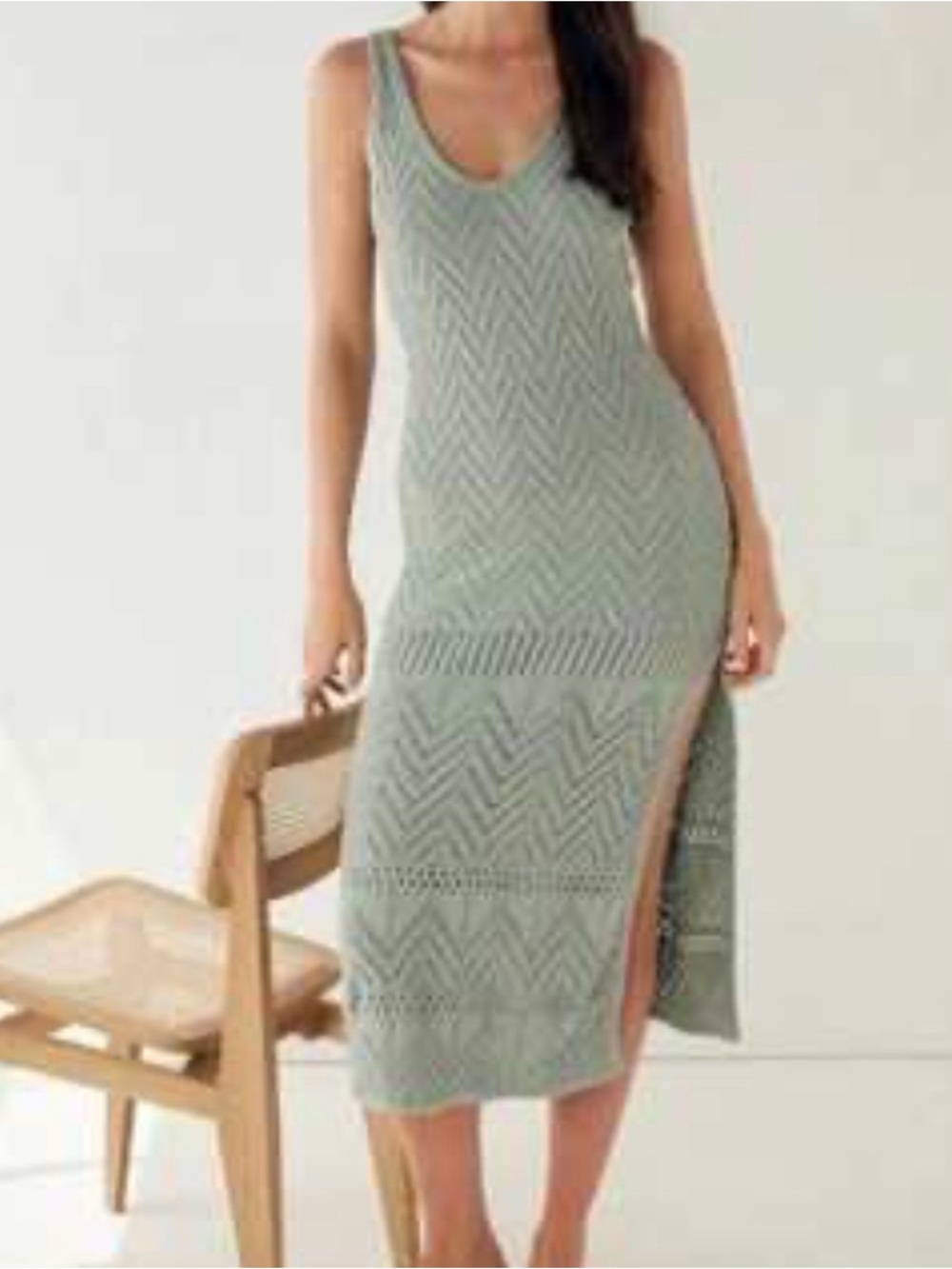 RUE STIIC Mao Maxi Midi Knit Slit Dress in Sage